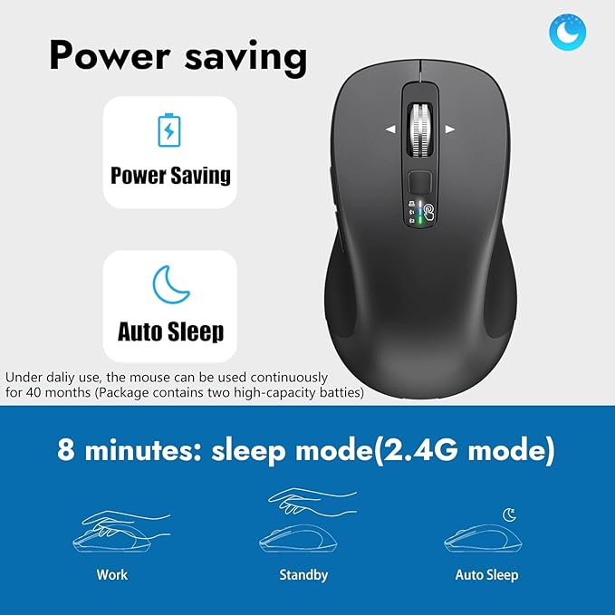 Wireless Bluetooth Mouse (USB + BT1 + BT2), Full Size Mouse, 4-Way Scrolling, Multi-Device Silent for Computer, Laptop, iPad, MacBook (Grey)