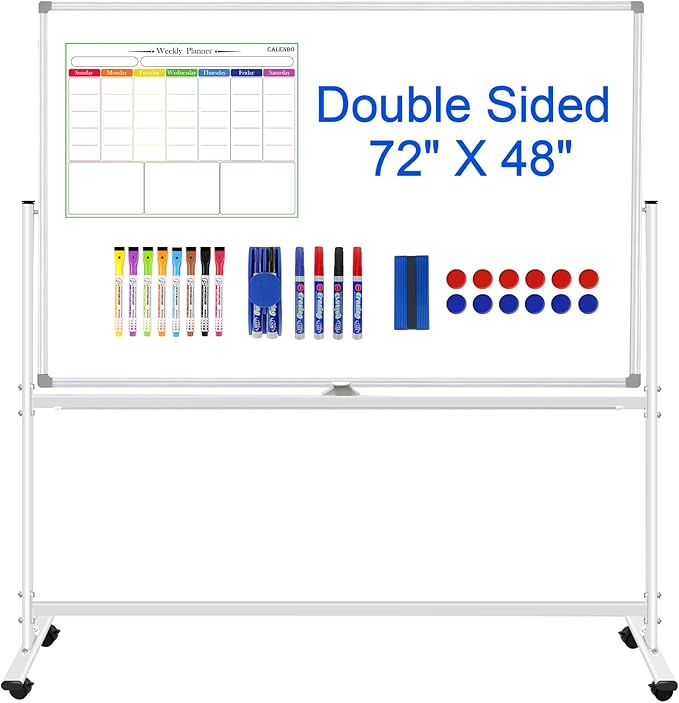 Double-Sided Rolling Whiteboards on Wheels 72 X 48, Large Dry Erase Board with Stands, Magnetic Mobile White Board Standing White Boards with Eraser & Marker & Magnet & Magnetic Calendar