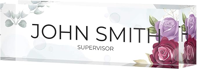 Desk Name Plate Personalized, Custom Name Plates 2½/x8 Inches, Thick Crystal-Clear Acrylic, Gift Box, Office Desk Decor. USA Made by ACRYLUXE (Flower)