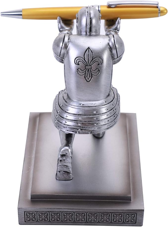 Knight Pen Holder Desk Ornament Resin Pencil Holders Desk Accessories and Organizer For Men with a Cool Pen (Silver)