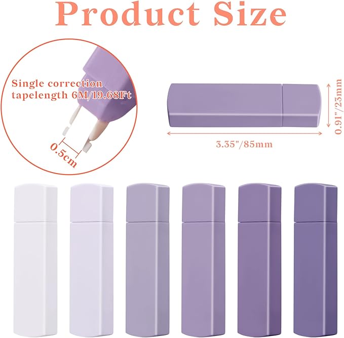 Temiary 6Pcs Mini White Correction Tapes , Quick Dry Smooth Pull Out for Writing, Aesthetic Cute Correction Tape Set Easy To Use for Students School Office Supplies (Purple)