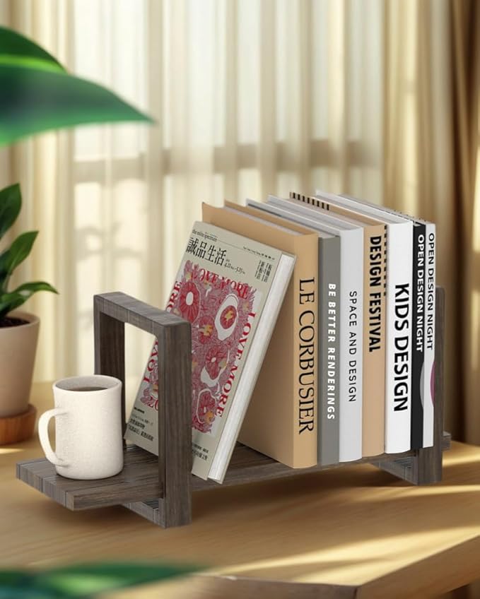 Adjustable Desktop Bookshelf, Retro Tabletop Bookshelf, Desk Shelf for Top of Desk in Living Room, Home, Office, Perfect for Magazine, Books, Cookbooks, No Tools Required to Assemble, Dark Brown