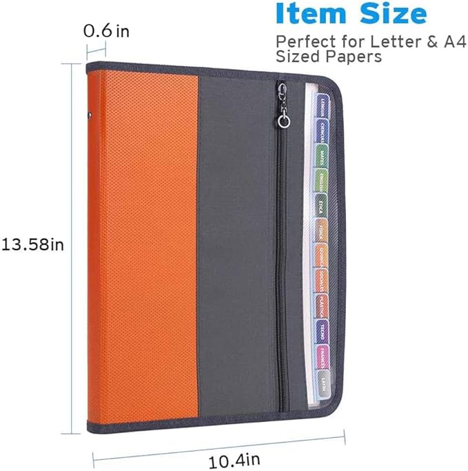 Sooez Accordion File Organizer with Safe Zipper, 12 Pocket Expanding File Folder with Front Pencil Pouch, Portable Monthly Paper Bill Tax Receipt Organizer, School Office Supplies, Letter Size, Orange