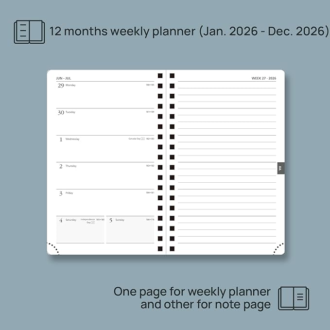 POPRUN 2026 Planner Weekly Notebook (Jan-Dec), Small Size 4''x 6.25'' - 2026 Pocket Calendar for Purse with Spiral Soft Cover, Plastic Ruler, Inner Pocket, 100 GSM - Royal Blue