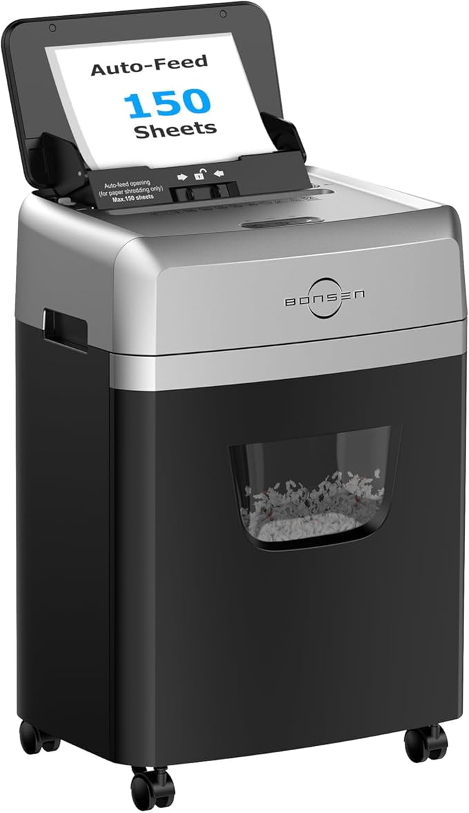 BONSEN 150-Sheet Autofeed Paper Shredder Heavy Duty, 60 Mins Micro-Cut Shredder for Office, 6 Gal Large Capacity Bin P-4 High Security Commercial Document Shredders for Home Office (S3114 New Version)