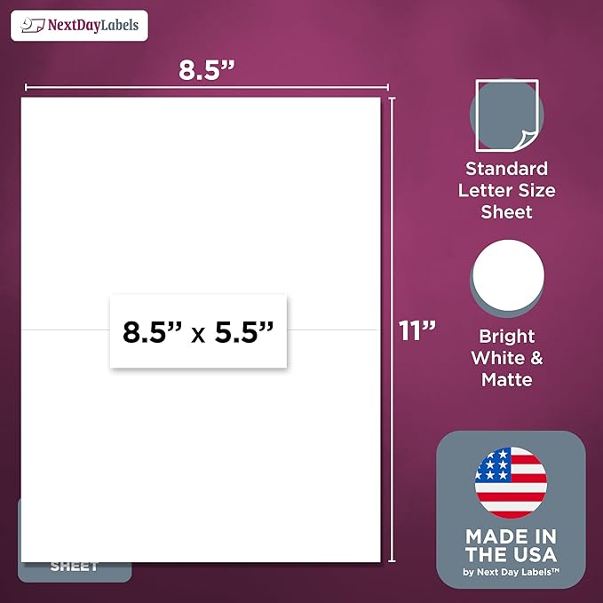 NextDayLabels 8.5x5.5 Half Sheet Stickers White Blank Labels for Laser Inkjet Printer - 2 Per Page Self-Adhesive Shipping Packaging Product Made in USA - 100 Labels