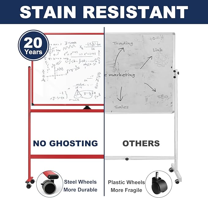 Large Dry-Erase Rolling Magnetic Whiteboard - 48 x 32 Inches Dry Erase Board with Stand Height Adjust Double Sides Mobile White Board Easel on Wheels with 25 Sheets Paper Pad Office, Home & Classroom