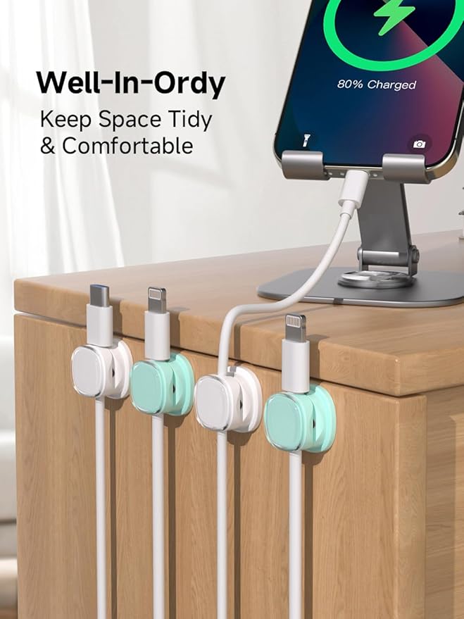 Magnetic Cable Clips, Adjustable Cord Holder Management, Adhesive Wire Keeper Organizer for Home Office Desk Phone PC Car Wall Desktop Nightstand Appliance (9-PCS White & Cyan)