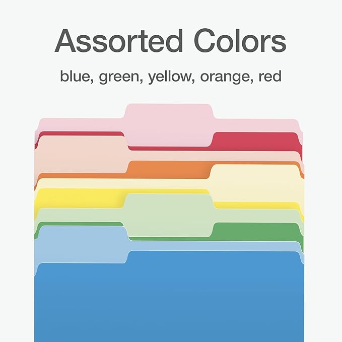 Pendaflex Colored File Folders, 100 Pack, Letter Size (8.5" x 11"), 3 Tabs, Durable Paper, 5 Colors: Blue, Green, Red, Yellow, Orange, Color-Coding for School, Office & Home Document Organization