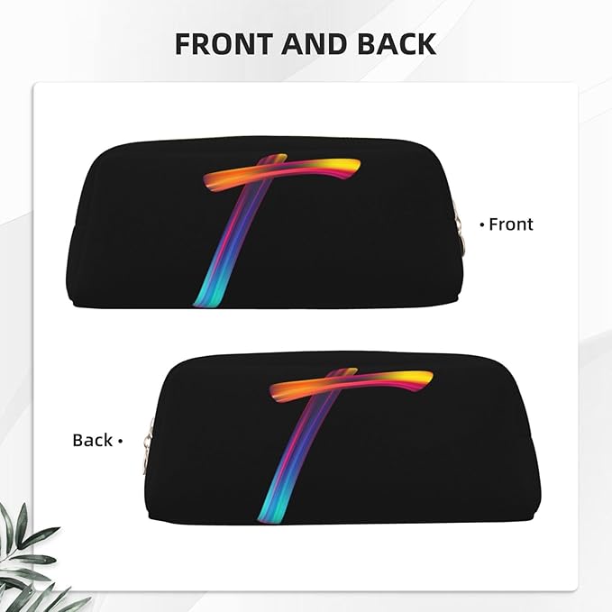 Cute Initial Pencil Case for Kids Simple Leather Pencil Pouch for Boys Girls Letter Design Pencil Box Pen Bag Pencil Pouch Office Stationery Organizer, Rainbow Letter T