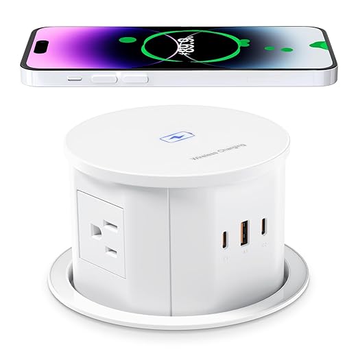 ANNQUAN 4.75" Pop Up Outlet with 65W USB-C,15W Wireless Charger,4 Outlets,3 USB Ports,Pop Up Countertop Receptacle Outlet for Home Office Kitchen