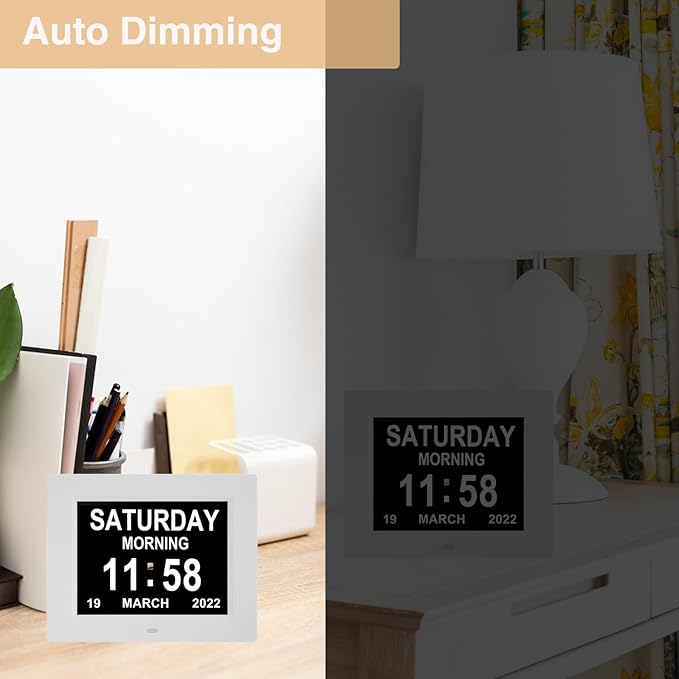 8 Inch Dementia Clock for Seniors - Extra Large Display Digital Day & Date Clock with 5 Alarms + 3 Medication Reminders, Auto-Dimmable - White Wall Clock for Elderly Bedroom