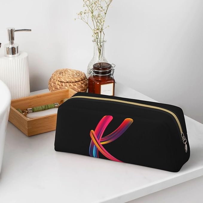 Cute Initial Pencil Case for Kids Simple Leather Pencil Pouch for Boys Girls Letter Design Pencil Box Pen Bag Pencil Pouch Office Stationery Organizer, Rainbow Letter K