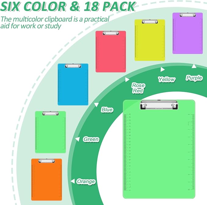 Plastic Clipboards, PANDRI 18 Pack Clear Colored Clipboards, Low Profile Clip Board 12.5 x 9 Inch Standard Letter Size, Office Supplies Classroom