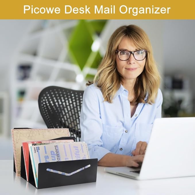 Picowe Metal Desk Mail Organizer Mail Holder, 3 Slots Letter Holder Organizer Envelope Organizer for Home Office (Black)