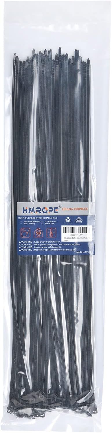 100pcs Cable Zip Ties Heavy Duty 12 Inch, Premium Plastic Wire Ties with 50 Pounds Tensile Strength, Self-Locking Black Nylon Zip Ties for Indoor and Outdoor