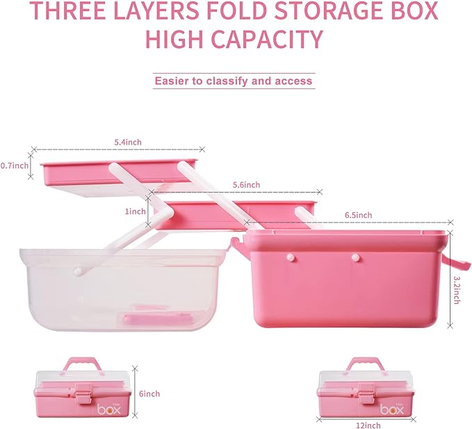 12in 3-Layer Plastic Craft Organizers and Storage, Portable Folding Tackle Box with Handle & Adjustable Dividers, Multipurpose Case for Sewing, Art Supplies, Medicine, Tools (Pink)