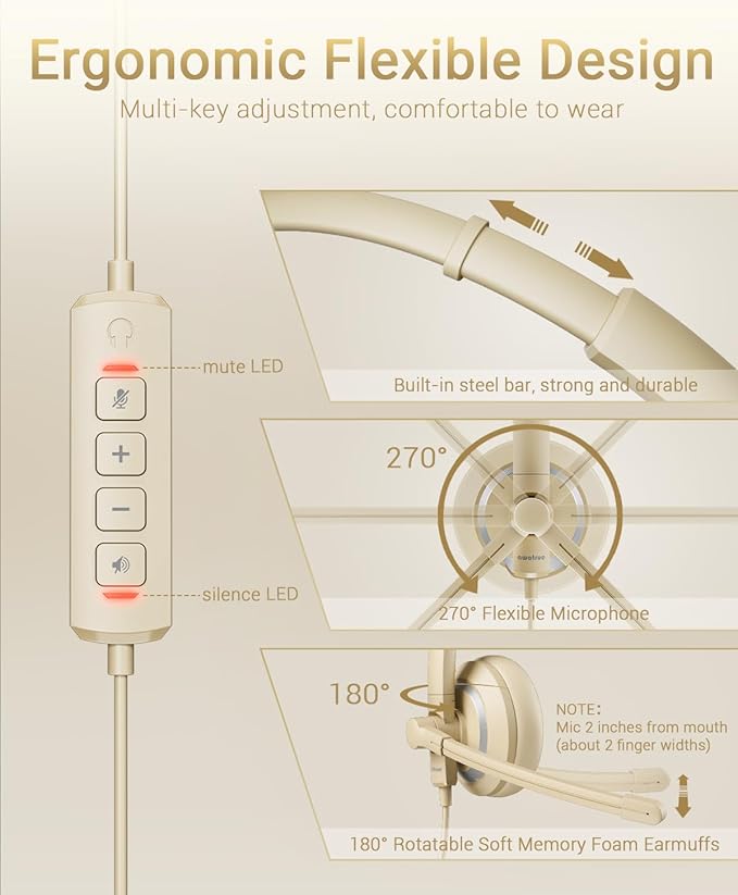 awatrue USB Headset with Microphone for PC Laptop - Headphones with Noise Cancelling Microphone for Computer,On-Ear Wired Office Call Center Headset for Boom Skype Webinars,Lightweight-Apricot