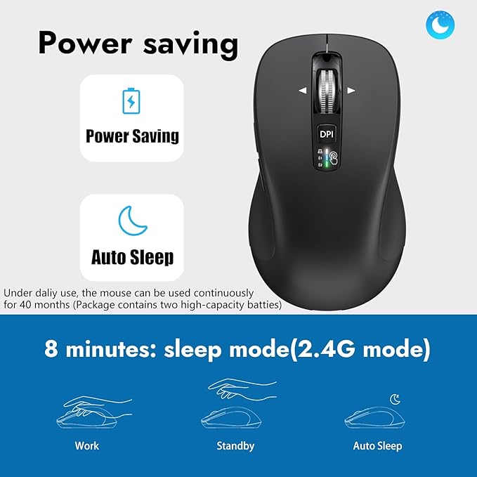 Wireless Bluetooth Mouse (USB + BT1 + BT2), Full Size, 4-Way Scrolling, Multi-Device Silent Mouse for Computer, Laptop, iPad, MacBook (Black)