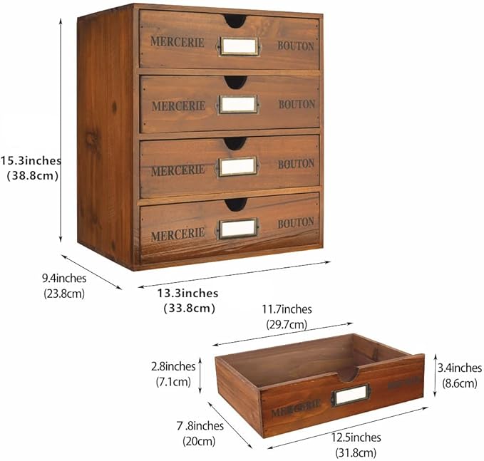 Wooden Storage Box with Drawers Vintage Office Supplies and Accessories Letter Tray Wood Desktop File Organizer 4 Tier Paper Sorter School Supply Holder Rustic Jewelry Box (LARGE BROWN)