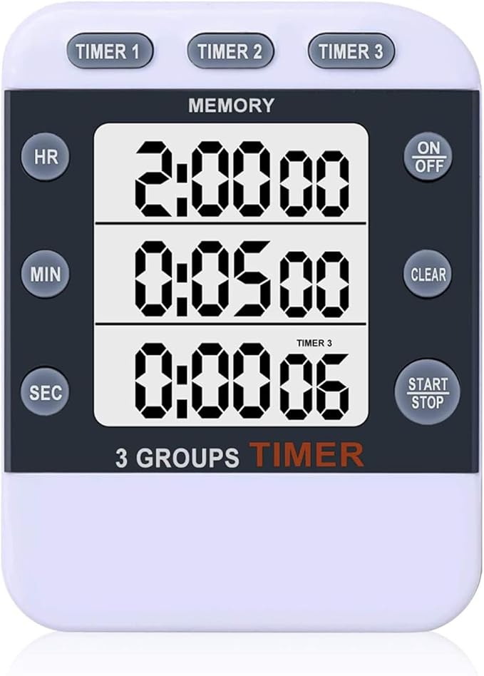 Digital Dual Kitchen Timer for Cooking, 3 Channels Count Down/up Triple Multi Timers for Food, Magnetic Memory-Preset Large-Display Adjustable Alarm Volume, 3A Battery Included