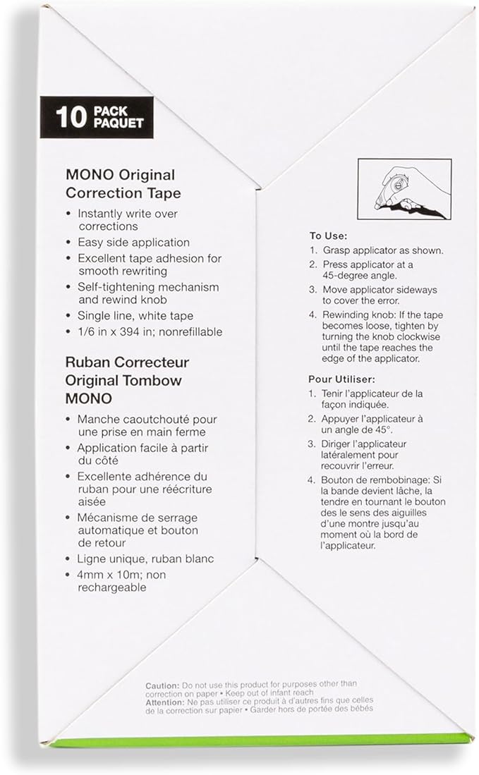 Tombow 68720 MONO Original Correction Tape. Easy To Use Applicator for Instant Corrections, White, 10 Count (Pack of 8)