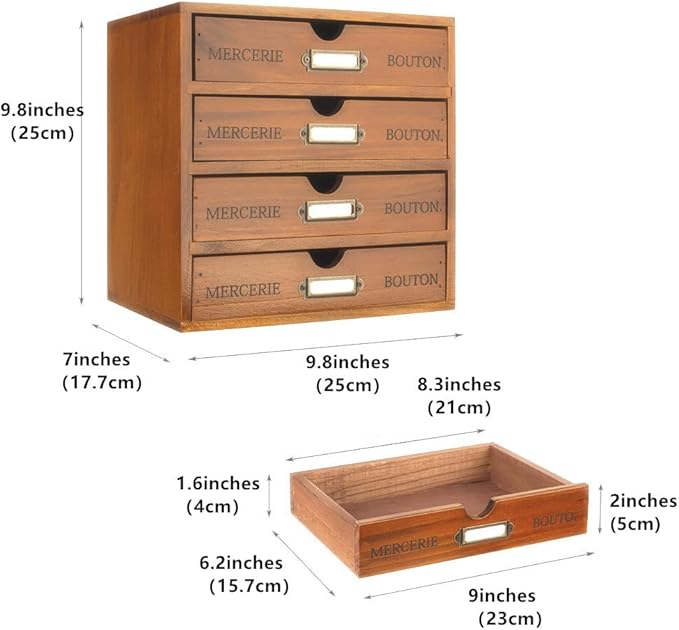 Wooden Storage Box with 4 Drawers Vintage Office Supplies and Accessories Letter Tray Wood Desktop School Supply Organizer Library Card Catalog Cabinet with Lables Rustic Jewelry Box (BROWN)