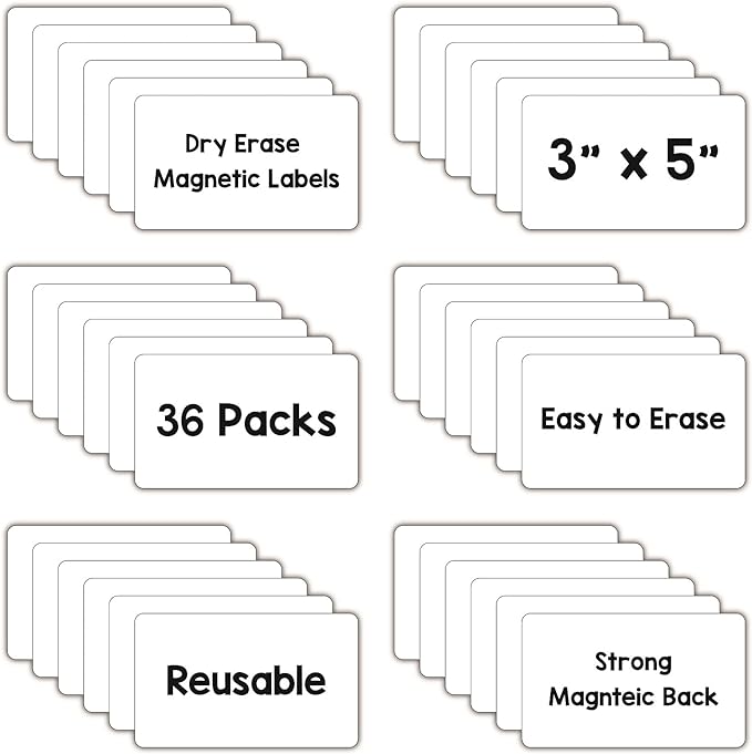 Dry Erase Magnets, Blank Magnetic Dry Erase Labels, 36-Pack, Erasable Magnets for Whiteboard, Multipurpose White Magnetic Labels to Write On for Classroom, Home, Education, Office, 3" x 5"
