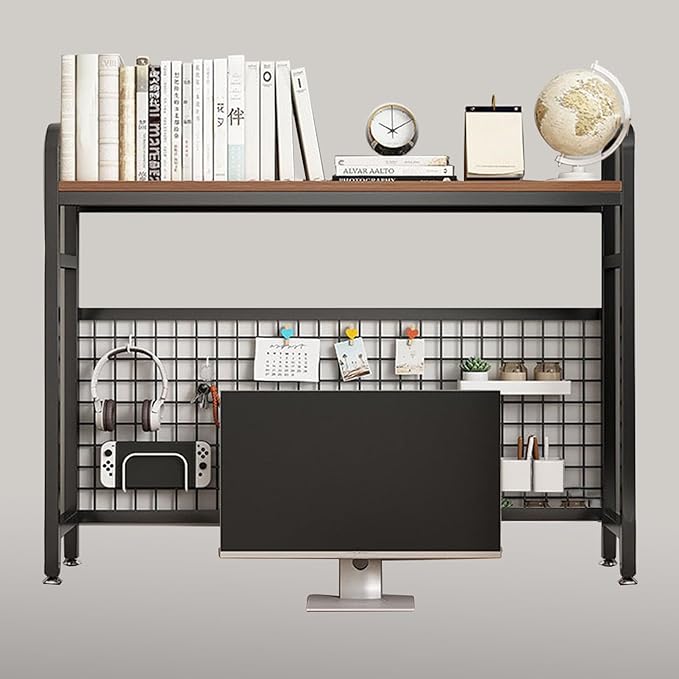 Desk Shelf Bookcase 1-Tier Metal Desktop Bookshelf Hutch with Grid Panel and DIY design possible Multipurpose Storage Organizer Display Rack for Dorm Office Home Computer Desk(Black 45.3"×7.9"×38.6")