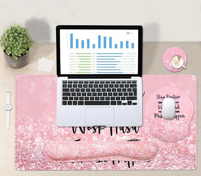 4-in-1 Gaming Mouse Pad Wrist Support Set，Desk Pad + Mouse Pad with Wrist Rest + Keyboard Wrist Rest + Coaster, Ergonomic Design for Home Office Study Game - Pink Stay Positive