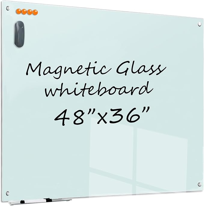 Glass Dry Erase White Board - Magnetic Whiteboard 48"X36" Large Frameless Boards with Super Strong Magnets for Office, School and Home Wall