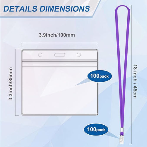 100Pcs Lanyards for ID Badges and 100 Pcs Clear Plastic Horizontal Name Badge ID Card Holders, Flat Neck Lanyards with Clip Waterproof Resealable Name Tag Badge ID Card Holders (Purple)