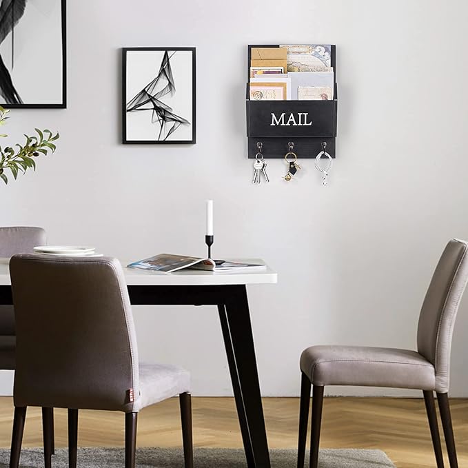 DLQuarts Mail Organizer with Key Holder for Wall, Mail Sorter Wall Mounted, Decorative Wooden Key and Mail Holder with 3 Hooks, Black