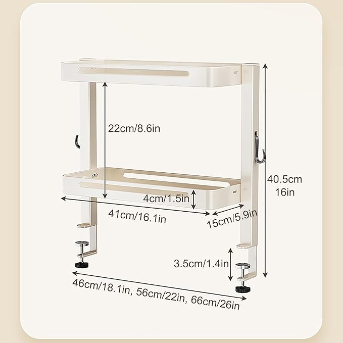 JHDXL Clamp On Desk Organizer Shelf, Rotatable Height Adjustable Over or Under Desk Storage Shelves, Vertical Storage for Small Desks, Home Office, Dorm, Makeup Vanity(White,46cm/18.1in)