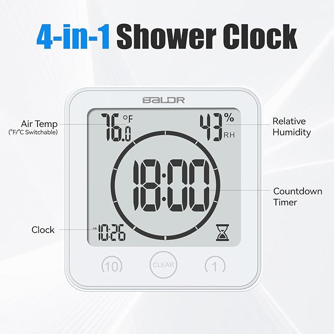 Baldr Shower Clock Waterproof Bathroom Clock with Timer/Temperature/Humidity, Digital Timers for Kids and Adults, Bath Kitchen Study, White
