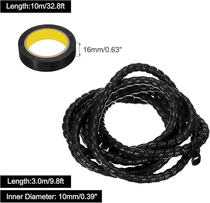 MECCANIXITY Spiral Cable Wrap 9.8ft/3.0M 10mm Cable Management Sleeve PP Insulation Cord Organizer for Computer Wire Power Cable Gas Pipe Black with Tape