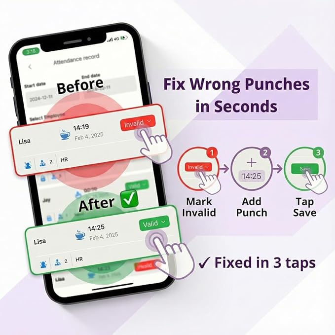 App-Based Time Clock – Fingerprint Attendance for Small Business, iOS/Android Compatible, No Monthly Fee, Includes 10 IC Cards