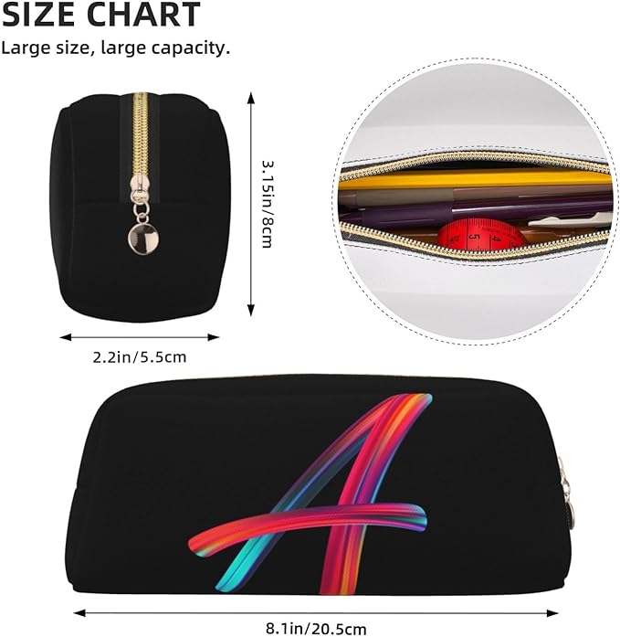 Cute Initial Pencil Case for Kids Simple Leather Pencil Pouch for Boys Girls Letter Design Pencil Box Pen Bag Pencil Pouch Office Stationery Organizer, Rainbow Letter A