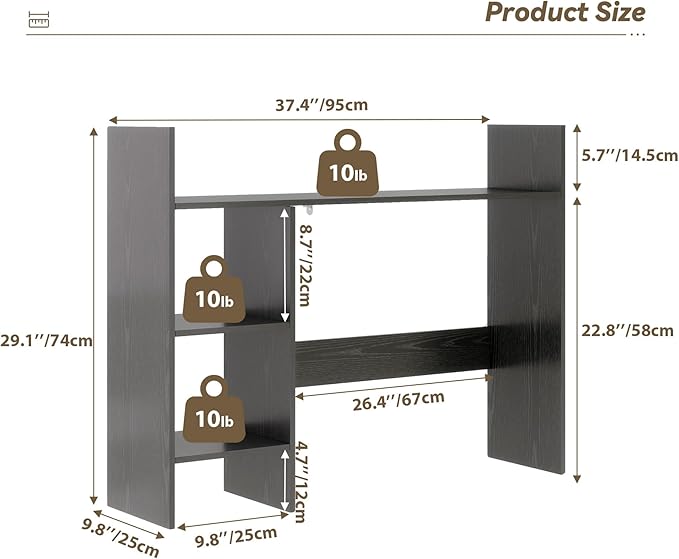 Desktop Bookshelf, Wood Desk Organizer Hutch with 3 Shelves for Computer Desk, 37.4'' Multipurpose Display Rack with Storage for College Dorm Office Home, Black