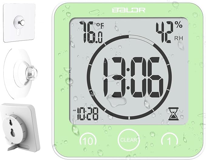 Baldr Shower Clock Waterproof Bathroom Clock with Timer/Temperature/Humidity, Digital Timers for Kids and Adults, Bath Kitchen Study, Green
