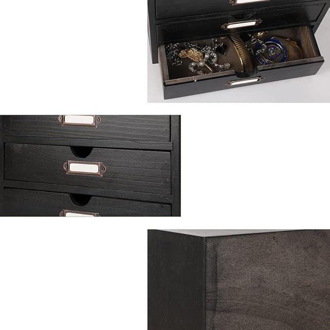 Wooden Storage Box Rustic Desktop Organizer with 4 Drawers Office Desk Accessories Shelf Small Craft Storage Containers Apothecary Cabinet and Chest Jewelry Holder for women(BLACK)