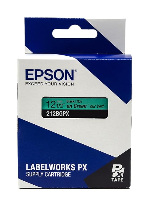 Epson LABELWORKS 212BGPX Genuine PET (Polyester) Tape Cartridge - Black on Green Label Maker Tape - 1/2" (12MM) Wide, 30'