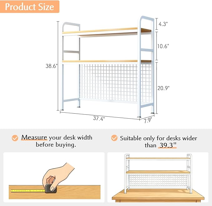 IOTXY 2-Tier Desktop Hutch Bookshelf - Metal Desk Shelf Bookcase with Grid Panel, Countertop Storage Organizer Rack for Dorm or Office, White, 37.4" W