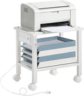 Lerliuo Under Desk Printer Stand with Charging Station, 2 Tier Wooden Small Printer Table with Storage, Rolling Printer Cart Shelf with Lockable Wheels for Home, Office (White)