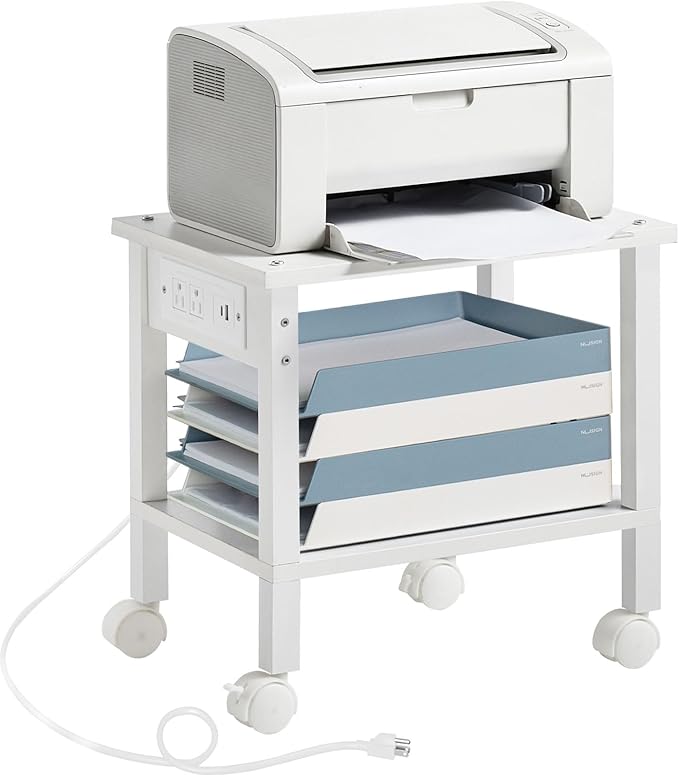 Lerliuo Under Desk Printer Stand with Charging Station, 2 Tier Wooden Small Printer Table with Storage, Rolling Printer Cart Shelf with Lockable Wheels for Home, Office (White)