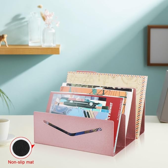 Picowe Metal Desk Mail Organizer Mail Holder, 3 Slots Letter Holder Organizer Envelope Organizer for Home Office (Rose Gold)