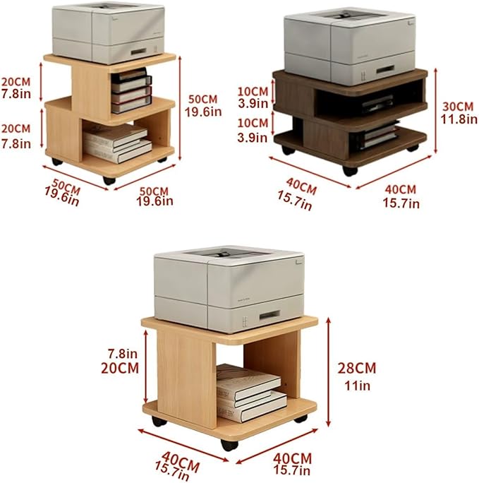 Under Desk Drawer Wooden 2 Tier Printer Shelf with Storage，Mobile Cart Wooden File Cabinets with Open Storage Shelf(Yellow Walnut,15.7x15.7x11.8in)