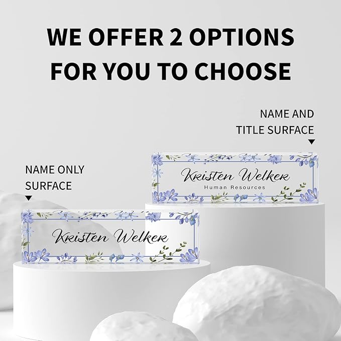 Desk Name Plate Personalized, Custom Name Plate for Desk, Office Desk Decor for Women Men, Acrylic Desk Accessories, Office Gifts for Coworkers Boss Teacher, Employee Appreciation Gifts (Blue Folwers)