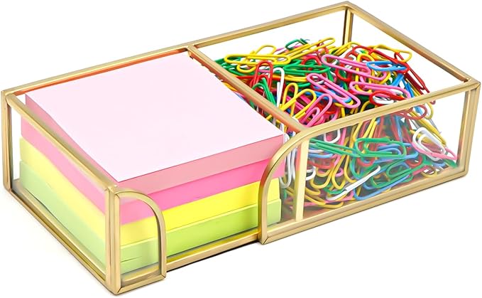 3 x 3 Inch Sticky Note Holder Gold Glass Post It Note Dispenser, 2 Slot Sticky Note Dispenser, Stylish Post It Holder for Home Office Desk Decor