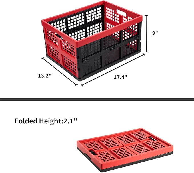 3-Pack Plastic Collapsible Storage Crates-30L,Foldable Plastic Crates for Storage (Black+Red)